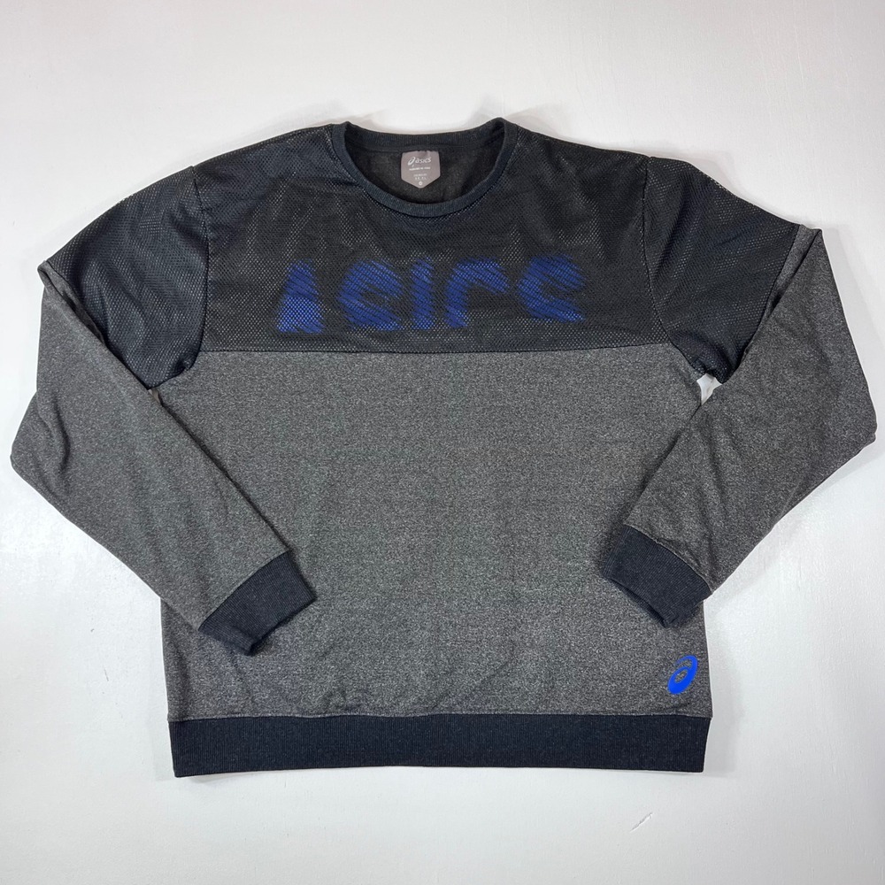 Asics Sweatshirt XL Gray Black Mesh Colorblock Fleece Crewneck Athletic Pullover